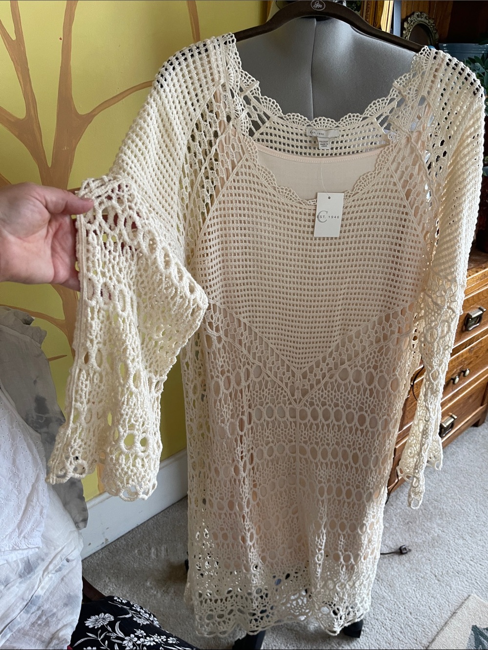 Crochet Knit Dress in Cream with dress slip
18/20